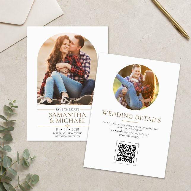Modern Arch Photo QR Code Wedding Save the Date (Elegant arch photo save the date with modern gold details and personalized text.)