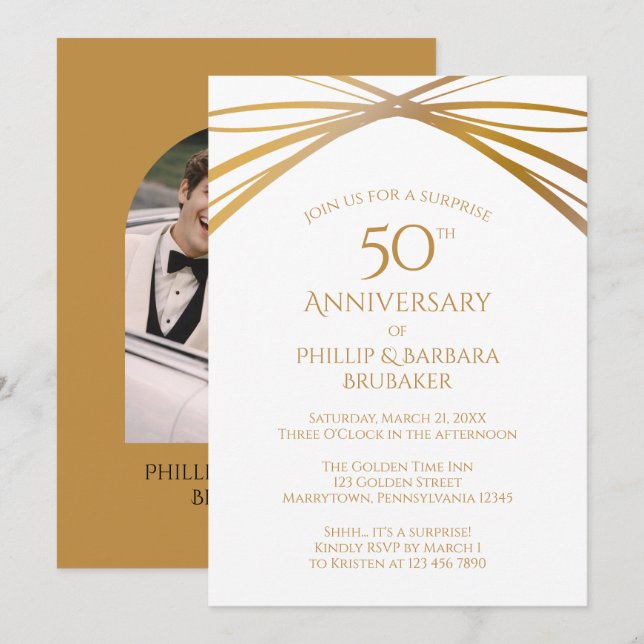 Modern Arch Photo Surprise 50th Anniversary Party Invitation (Front/Back)