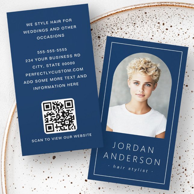 Modern arch photo thin border QR code dark blue Business Card (Modern arch photo thin border QR code dark blue Business Card)