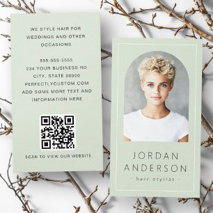 Modern arch photo thin border QR code light green  Business Card