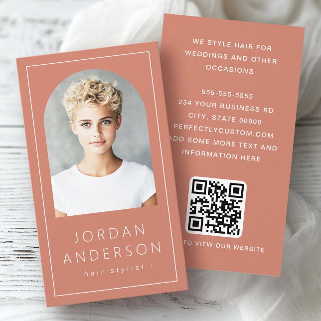 Modern arch photo thin border QR code terracotta Business Card (Modern arch photo thin border QR code terracotta Business Card)