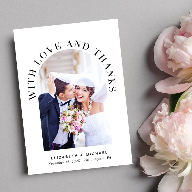 Modern Arch Photo Wedding Thank You Card (Celebrate your love story with a thank you card showcasing your photo in an elegant arch frame)