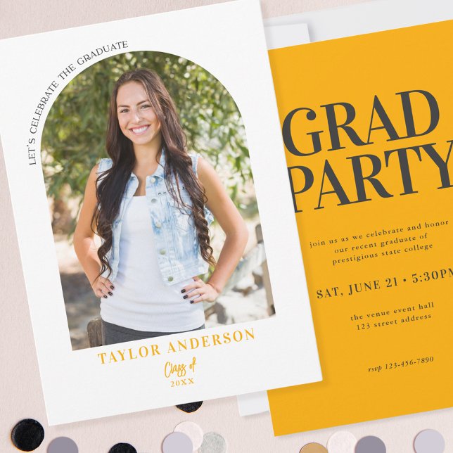 Modern Arch Photo Yellow Grey Graduation Party Invitation (Creator Uploaded)