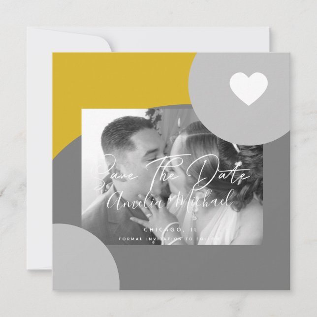 Modern Arch Photo Yellow Grey Save the Date Card (Front)