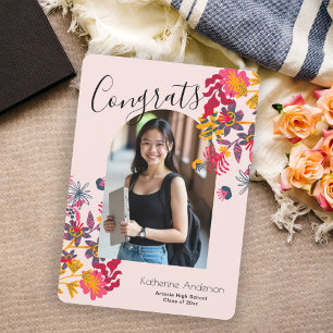 Modern Arch Pink Floral Photo Graduation Announcement