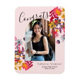Modern Arch Pink Floral Photo Graduation Magnet