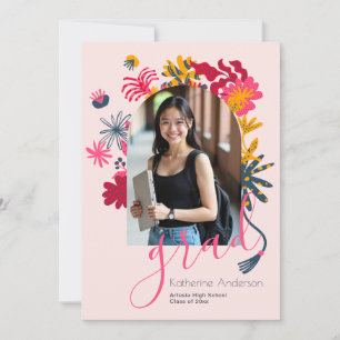 Modern Arch Pink Floral Photo Graduation Party  Invitation