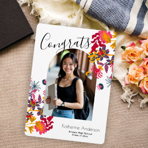 Modern Arch Pink Floral Photo White Graduation Announcement