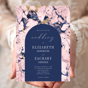 Modern Arch Pink Navy Blue Marble Wedding Invitation