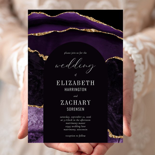 Modern Arch Purple Gold Agate Wedding Invitation (Creator Uploaded)