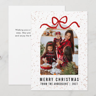 Modern Arch Red Ribbon Photo Merry Christmas Bow  Holiday Card