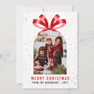 Modern Arch Red Ribbon Photo Merry Christmas Bow Holiday Card