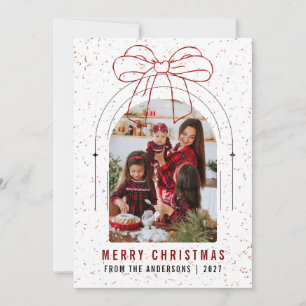 Modern Arch Red Ribbon Photo Merry Christmas Bow Holiday Card