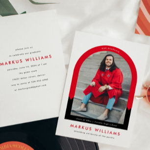 Modern Arch Red School Colours Graduation Party Invitation