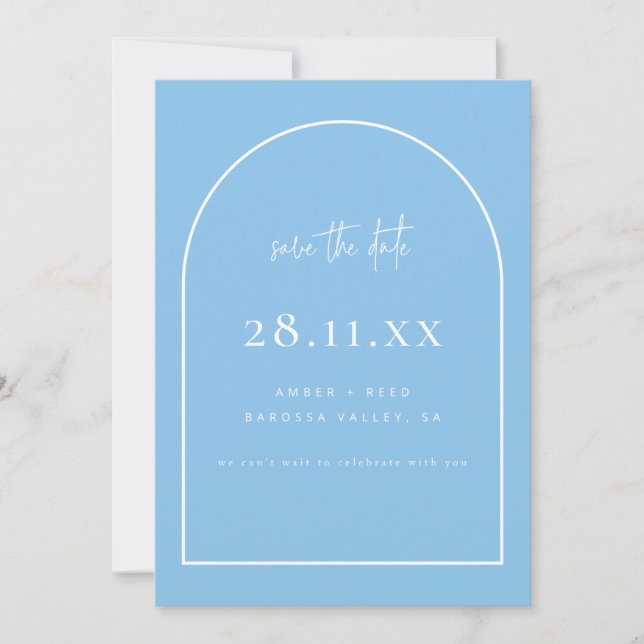 Modern Arch Retro Minimalist Sky Blue Save The Date (Front)