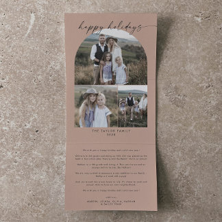 Modern Arch | Salmon Happy Holidays Photo Collage Tri-Fold Holiday Card