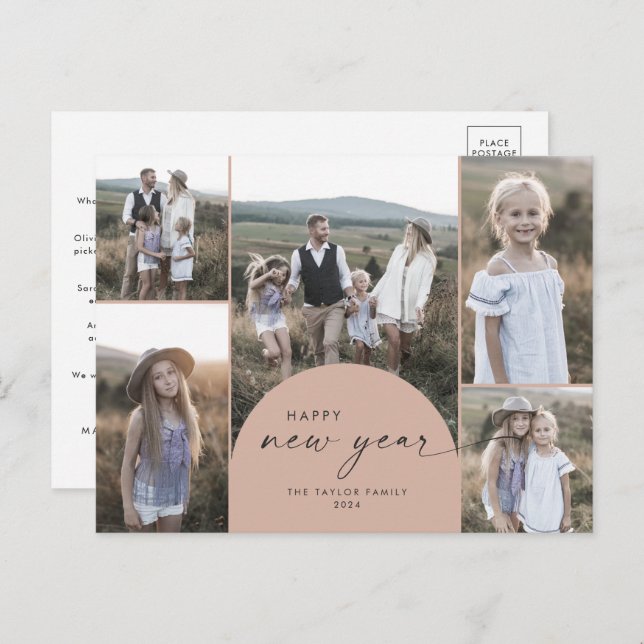 Modern Arch | Salmon Multi Photo Family New Year Holiday Postcard (Front/Back)