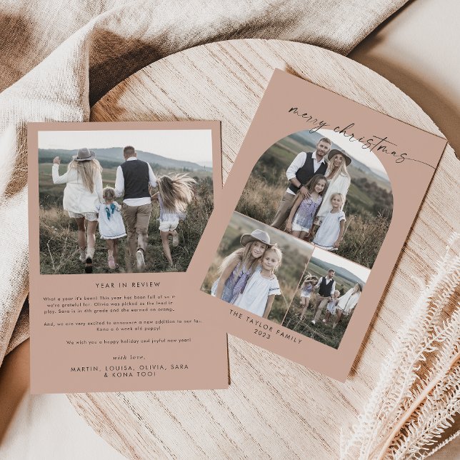 Modern Arch Salmon Photo Collage Family Christmas Holiday Card (Creator Uploaded)