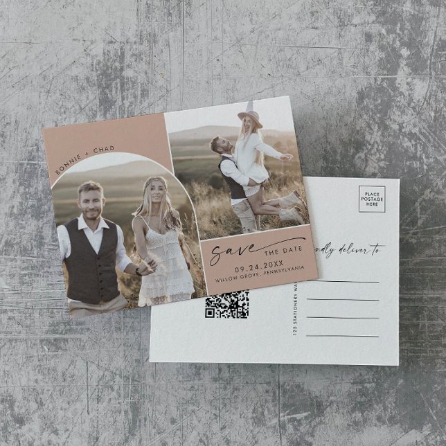 Modern Arch | Salmon QR Code 2 Photo Save the Date Invitation Postcard (Creator Uploaded)