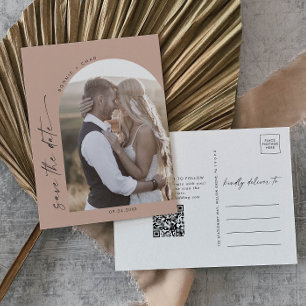 Modern Arch Salmon QR Code Photo Save the Date Invitation Postcard