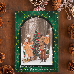 Modern Arch & Script Green Plaid Christmas Photo Holiday Postcard