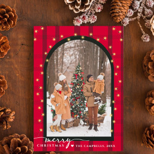 Modern Arch & Script Red Plaid Christmas Photo Holiday Postcard