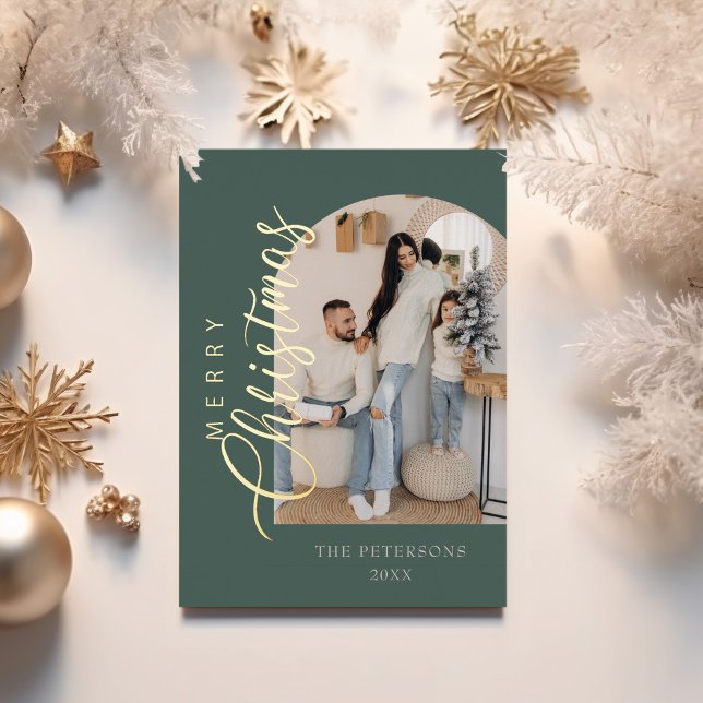 Modern Arch Shape Photo Sage Green Christmas Gold (Modern Arch Shape Photo Sage Green Christmas Gold Foil Holiday Card with golden Christmas decor.)