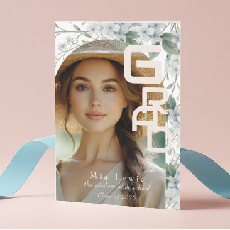 Modern Arch Soft Blue Hydrangeas Graduation Photo Announcement