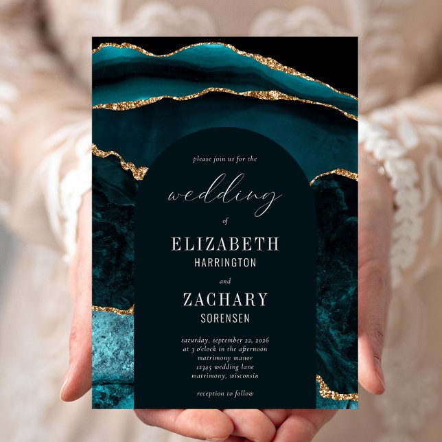 Modern Arch Teal Gold Agate Wedding Invitation (Creator Uploaded)