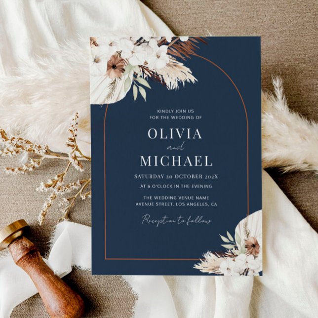 modern arch terracotta navy wedding invitation (Creator Uploaded)