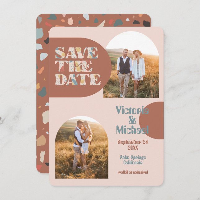 Modern Arch Terrazzo Photos Save the date Invitation (Front/Back)