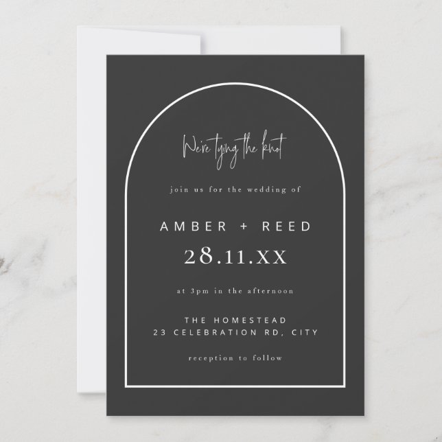 Modern Arch Tying Knot Wedding Black Matte Script Invitation (Front)