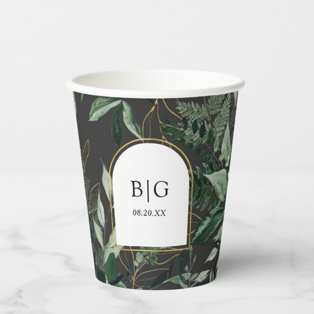 Modern arch with watercolor foliage wedding paper cups (Front)