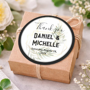 Modern Arched Black Gold Wedding Botanical Theme Classic Round Sticker