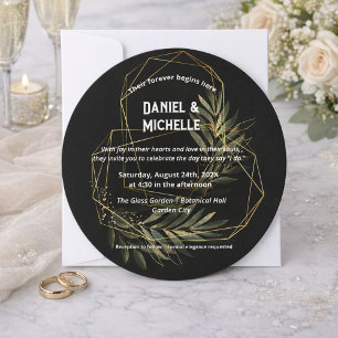 Modern Arched Black Gold Wedding Botanical Theme Invitation