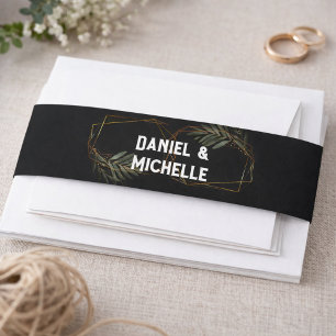 Modern Arched Black Gold Wedding Botanical Theme Invitation Belly Band