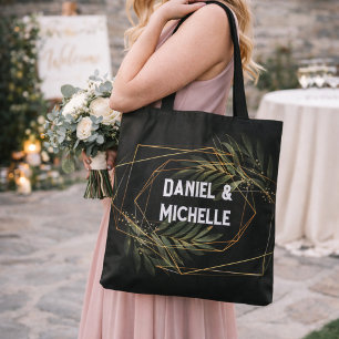 Modern Arched Black Gold Wedding Botanical Theme Tote Bag