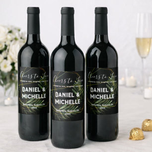 Modern Arched Black Gold Wedding Botanical Theme Wine Label