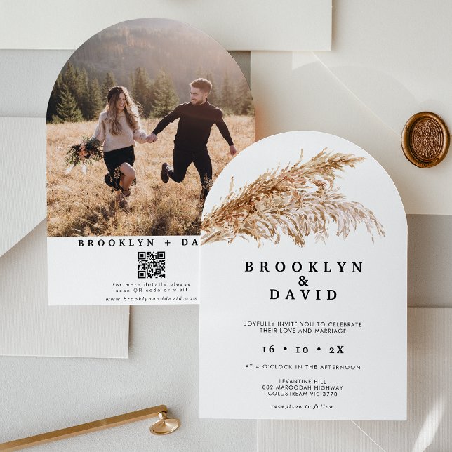 Modern Arched Boho Pampas Grass Wedding  Invitation (Arched Boho Pampas Grass Wedding Invitation, Bohemian, Watercolor Pampas Grass, QR Code, Photo)