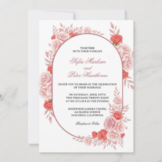 Modern Arched Frame Pink Rose Floral Wedding Invitation