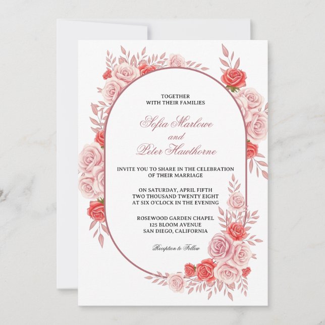 Modern Arched Frame Pink Rose Floral Wedding Invitation (Front)
