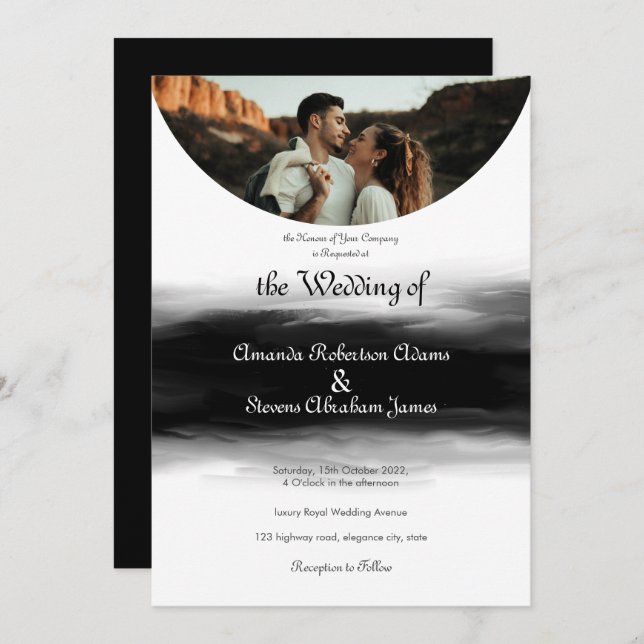 modern arched photo black brush stroke wedding invitation (Front/Back)