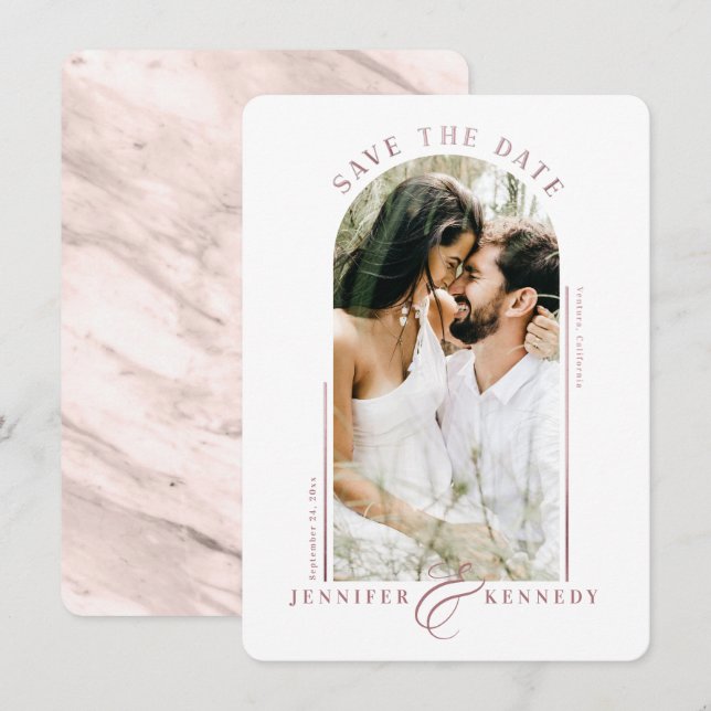 Modern Arched Photo Frame Dusty Rose Marble Back Save The Date (Front/Back)