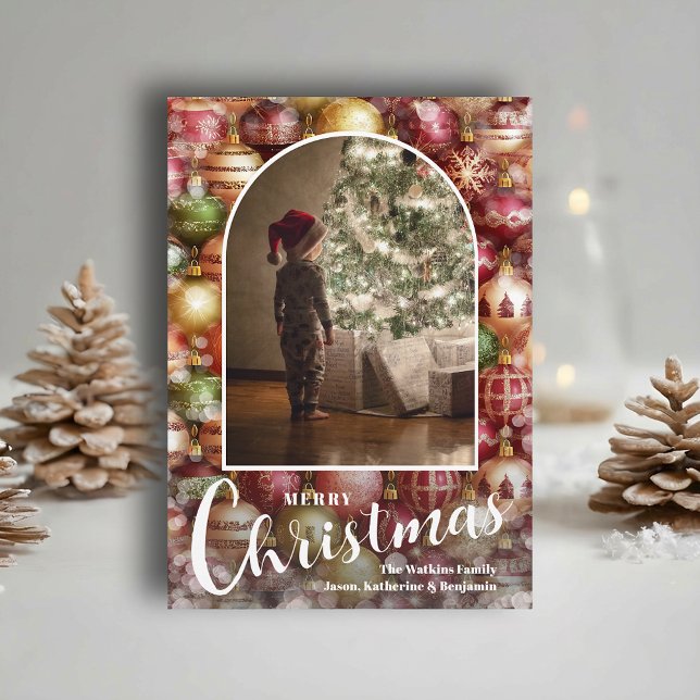 Modern Arched Photo on Christmas Baubles Holiday Card (Modern arched photo on Christmas ornaments holiday cards, PRINTED and/or INSTANT DOWNLOAD)