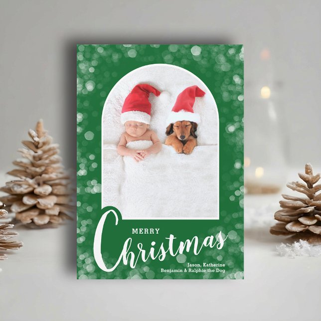 Modern Arched Photo on Green Christmas Holiday Card (Modern arched photo on green Merry Christmas holiday cards, PRINTED and/or INSTANT DOWNLOAD)