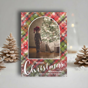 Modern Arched Photo on Plaid Holiday Card