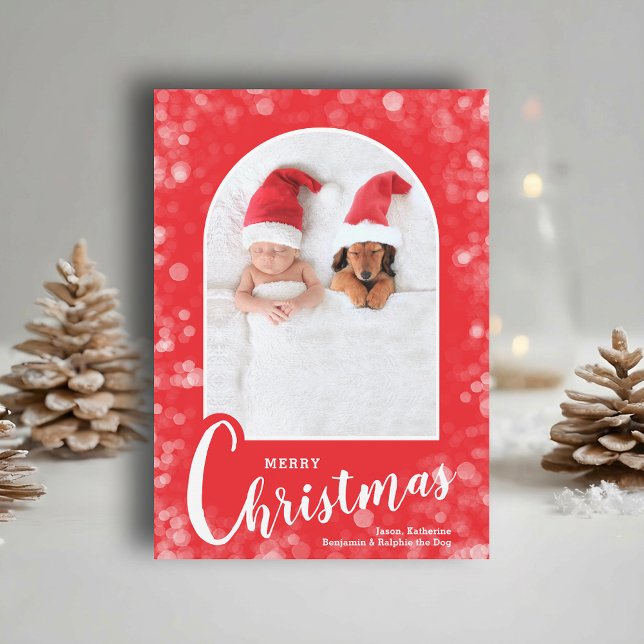 Modern Arched Photo on Red Christmas Holiday Card (Modern arched photo on red Merry Christmas holiday cards, PRINTED and/or INSTANT DOWNLOAD)