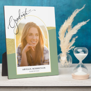 Modern Arched Photo Sage Green & Gold Graduation Plaque