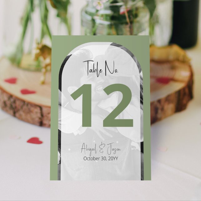 👰🤵 Modern Arched Wedding Photo Sage Green Table Number (Arched Photo Wedding Table Numbers in Sage Green | Personalize and Preview on Screen Now!)