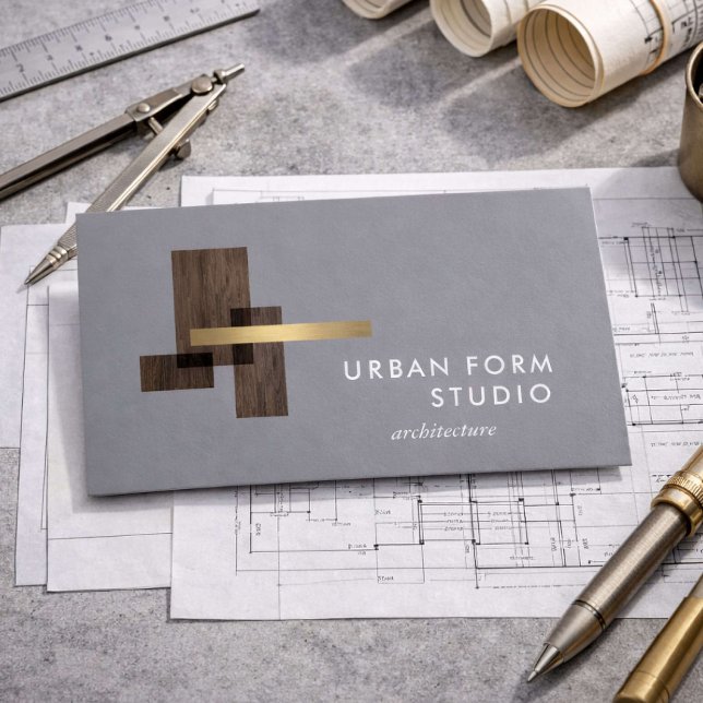 Modern Architect Wood Logo Gray Business Card (Creator Uploaded)